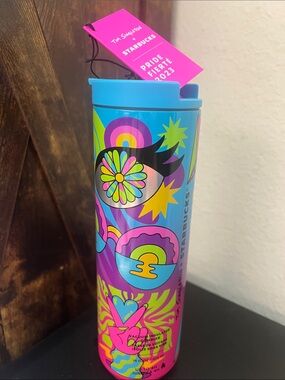 Starbucks Bright Blue Travel Tumbler with Neon Rainbow Accents